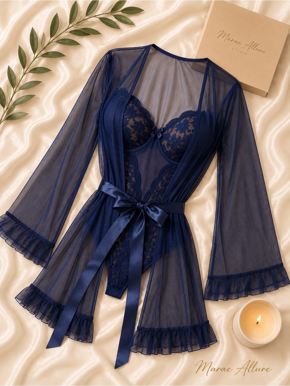 NWT Royal Blue Sheer Lingerie Teddy Robe Stockings Set
